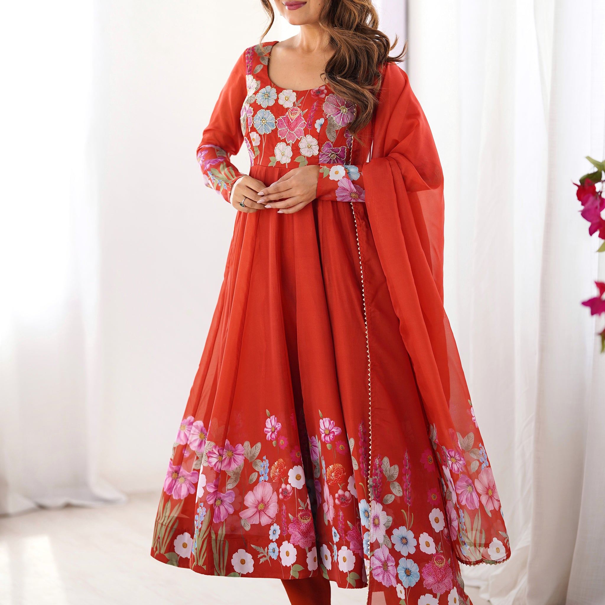 Alluring Orange Floral Printed Organza Event Wear Anarkali Suit