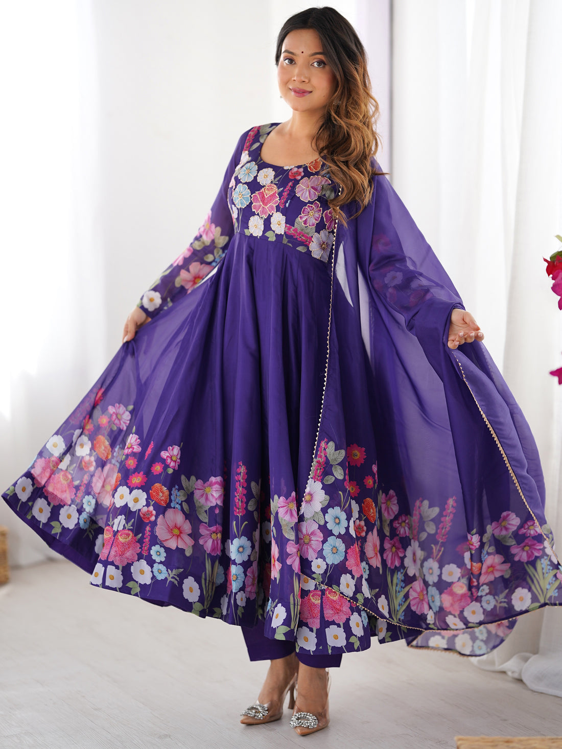 Glamorous Purple Floral Printed Organza Festival Wear Anarkali Suit