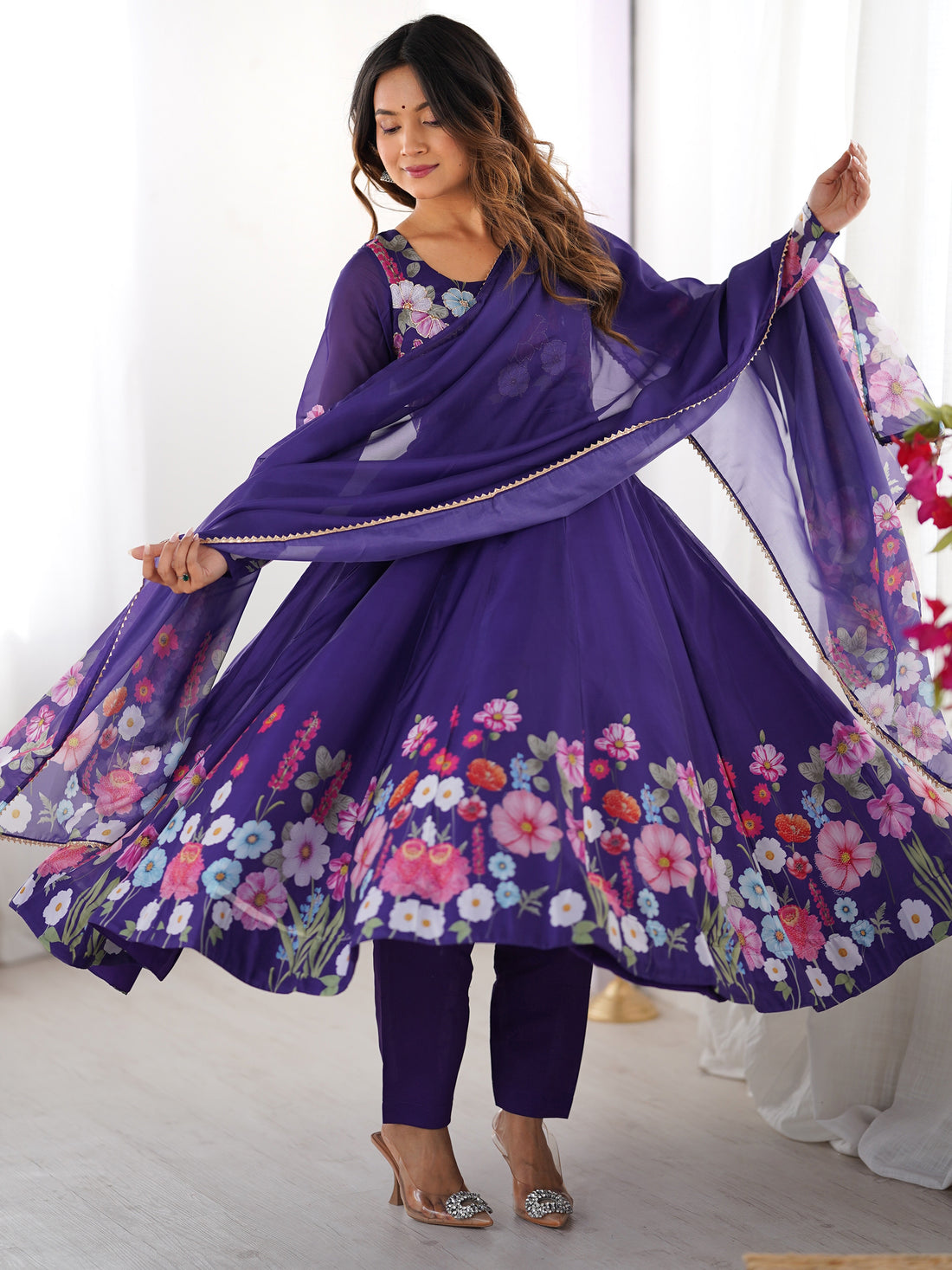 Glamorous Purple Floral Printed Organza Festival Wear Anarkali Suit
