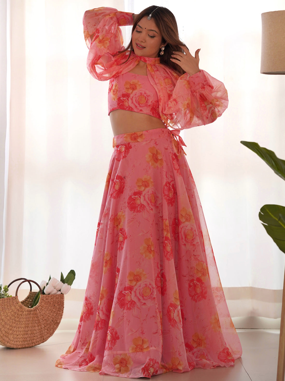 Fantastic Pink Floral Printed Organza Designer Lehenga With Crop Top