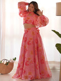 Fantastic Pink Floral Printed Organza Designer Lehenga With Crop Top