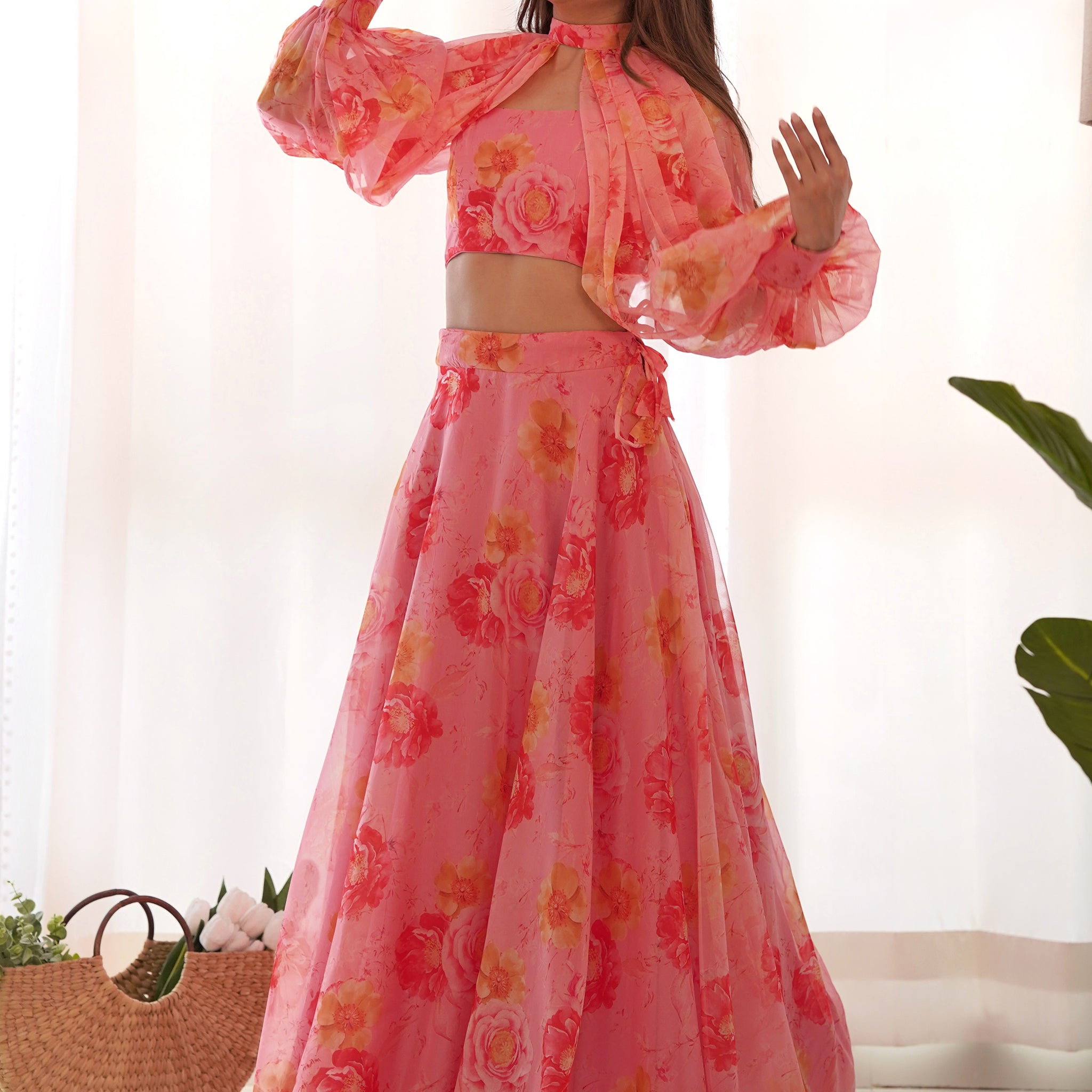 Fantastic Pink Floral Printed Organza Designer Lehenga With Crop Top