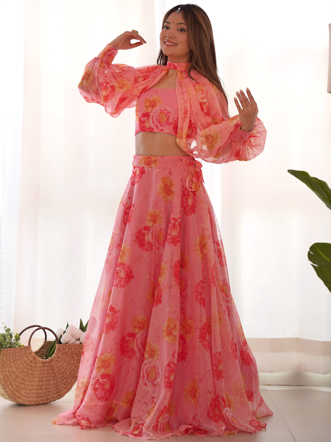 Fantastic Pink Floral Printed Organza Designer Lehenga With Crop Top
