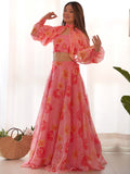 Fantastic Pink Floral Printed Organza Designer Lehenga With Crop Top