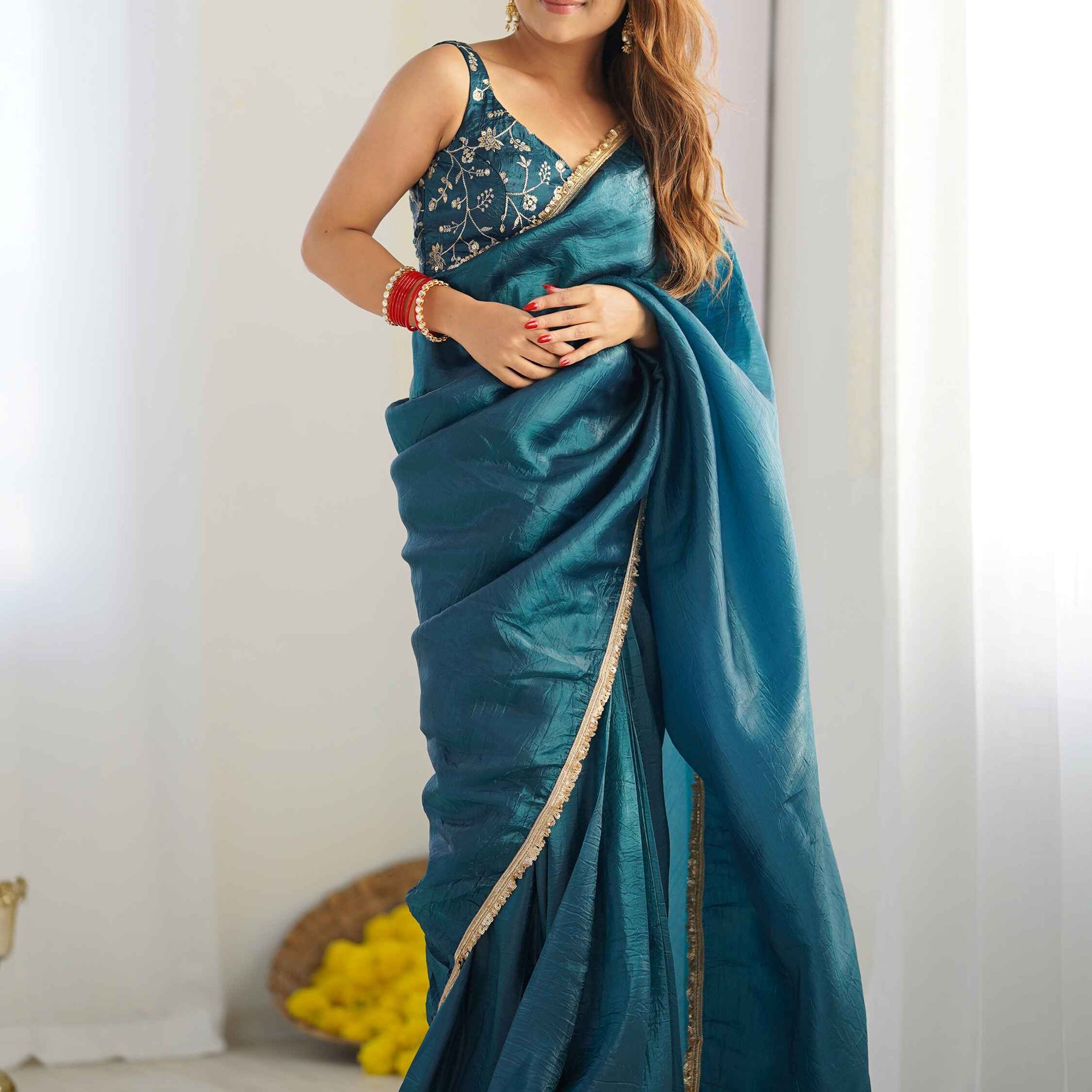 Alluring Teal Blue Tissue Silk Pre Stitched Saree With Blouse