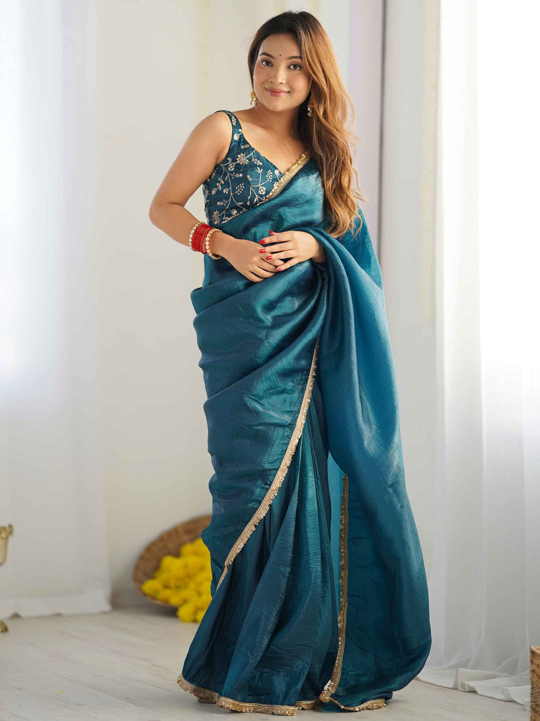 Alluring Teal Blue Tissue Silk Pre Stitched Saree With Blouse