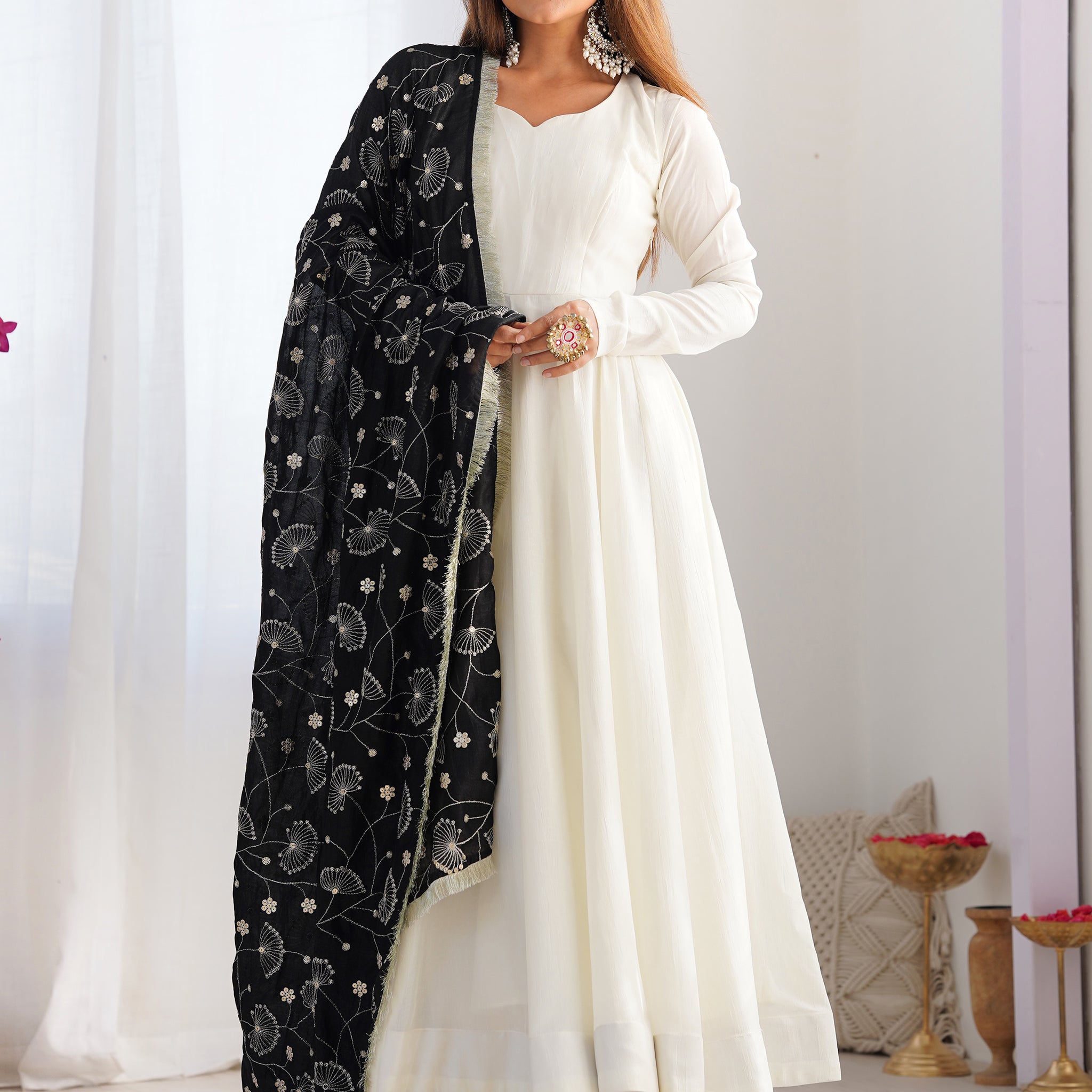 Precious Off-White Silk Festive Wear Anarkali Suit With Heavy Dupatta