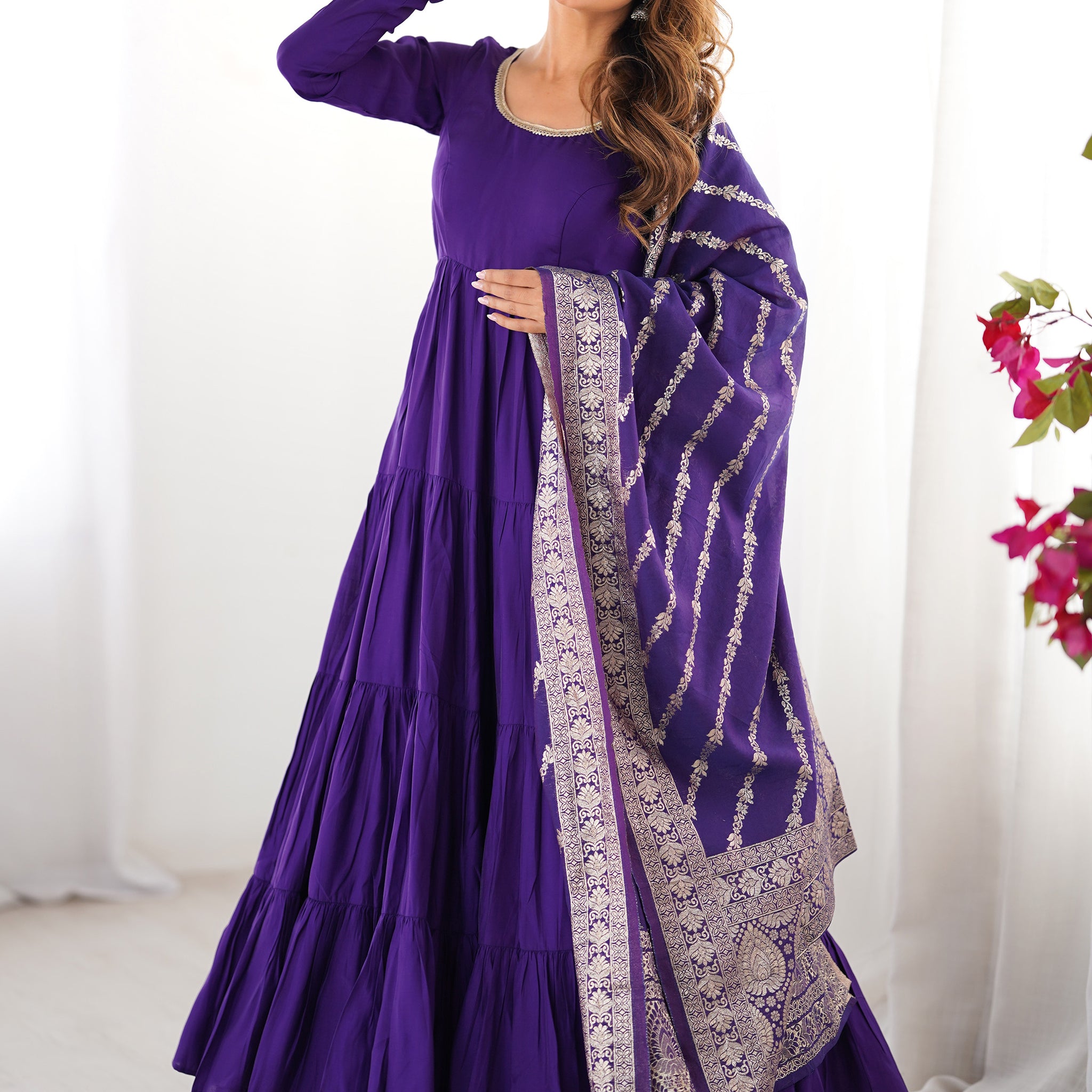 Lovely Purple Chanderi Anarkali Suit With Banarasi Silk Dupatta