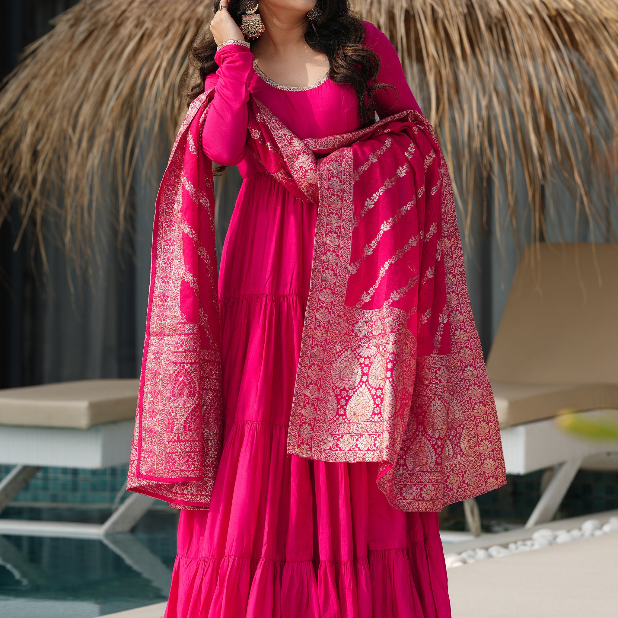 Stunning Pink Chanderi Anarkali Suit With Zari Weaving Dupatta