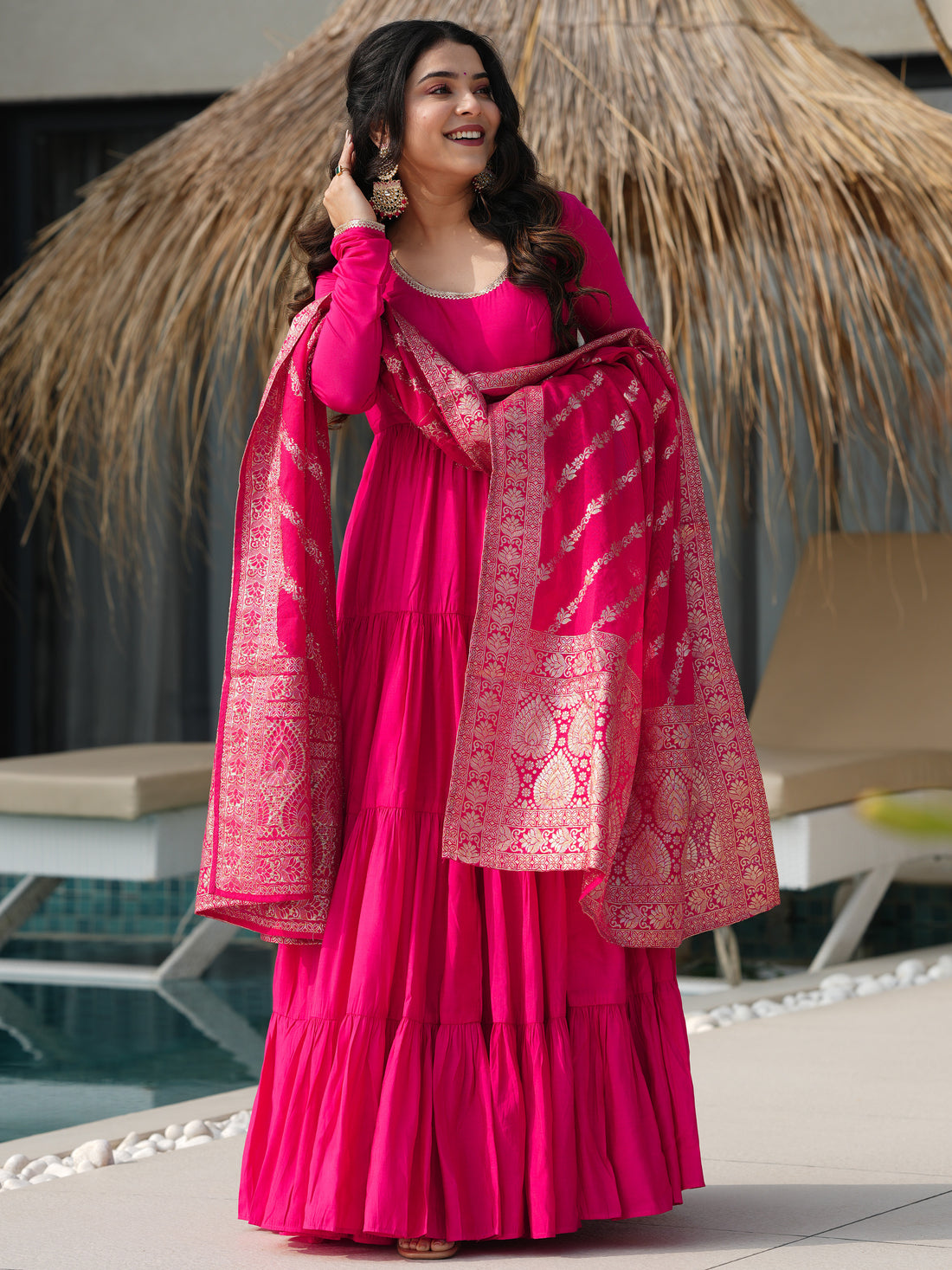 Stunning Pink Chanderi Anarkali Suit With Zari Weaving Dupatta