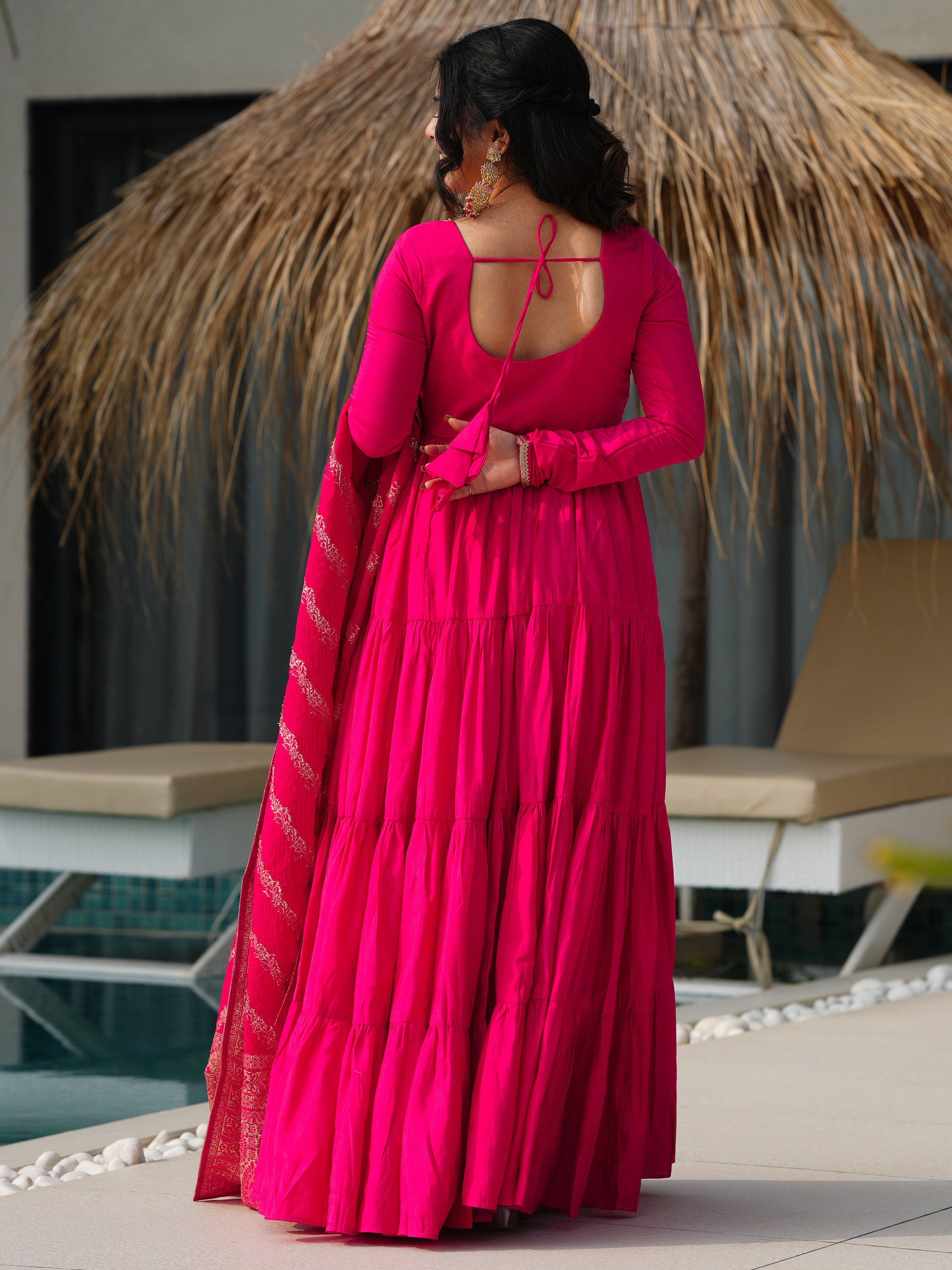 Stunning Pink Chanderi Anarkali Suit With Zari Weaving Dupatta