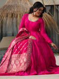 Stunning Pink Chanderi Anarkali Suit With Zari Weaving Dupatta