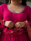 Stunning Pink Chanderi Anarkali Suit With Zari Weaving Dupatta