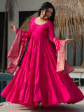 Stunning Pink Chanderi Anarkali Suit With Zari Weaving Dupatta