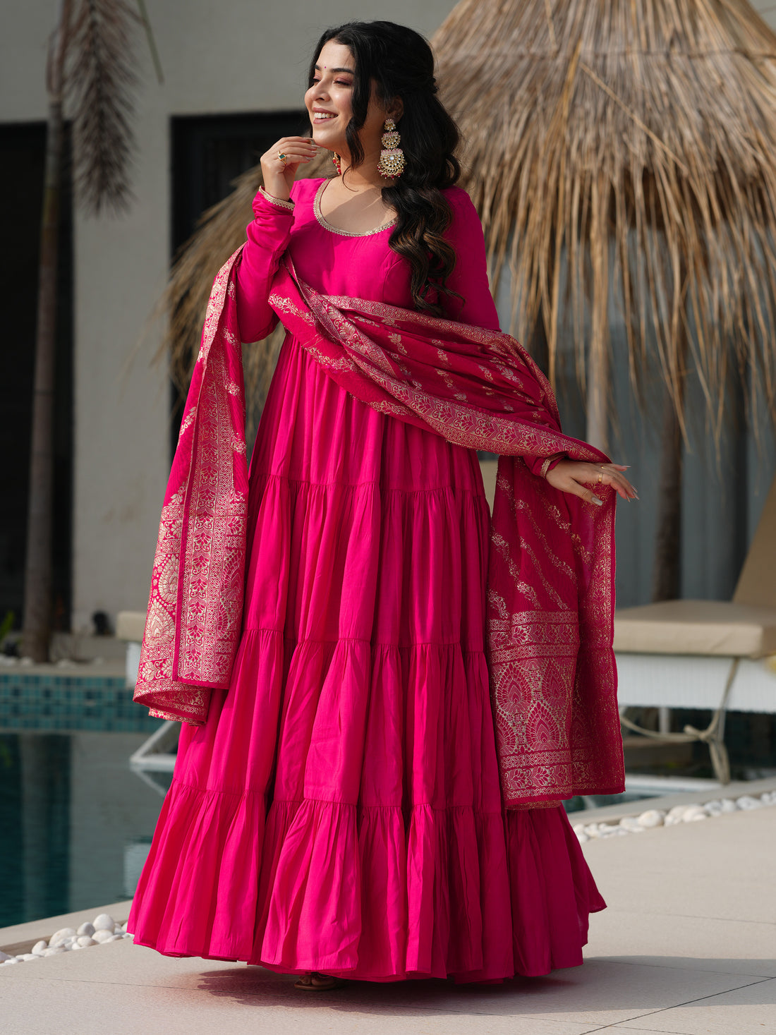 Stunning Pink Chanderi Anarkali Suit With Zari Weaving Dupatta