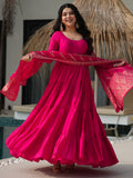 Stunning Pink Chanderi Anarkali Suit With Zari Weaving Dupatta