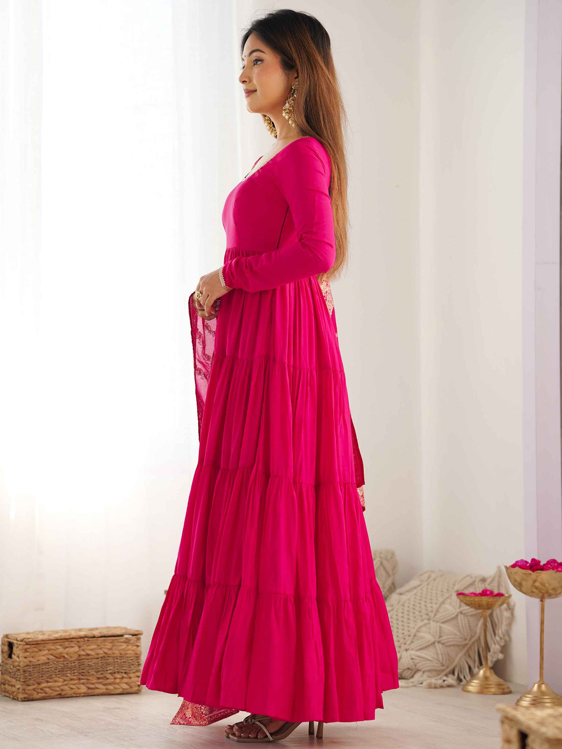 Breathtaking Hot Pink Anarkali Suit With Banarsi Silk Dupatta
