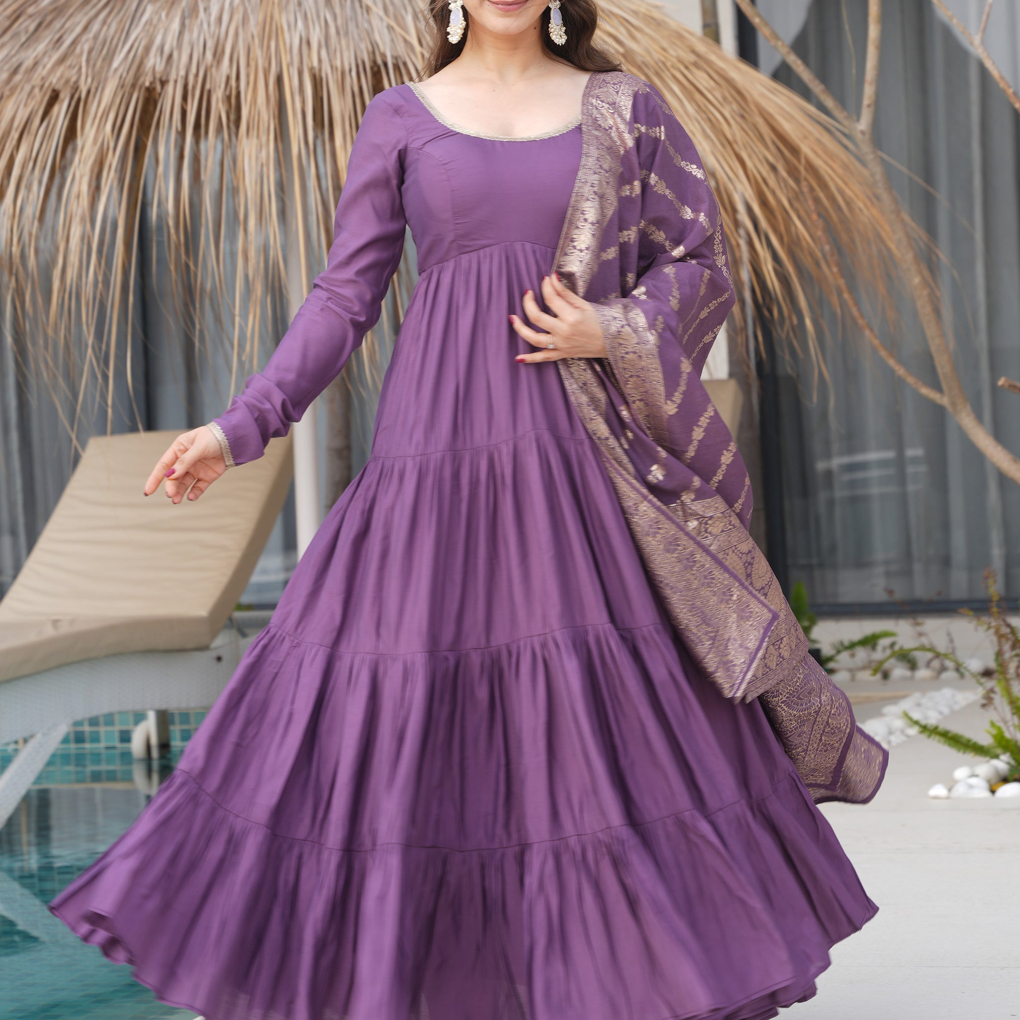 Outstanding Purple Chanderi Anarkali Suit With Banarasi Silk Dupatta