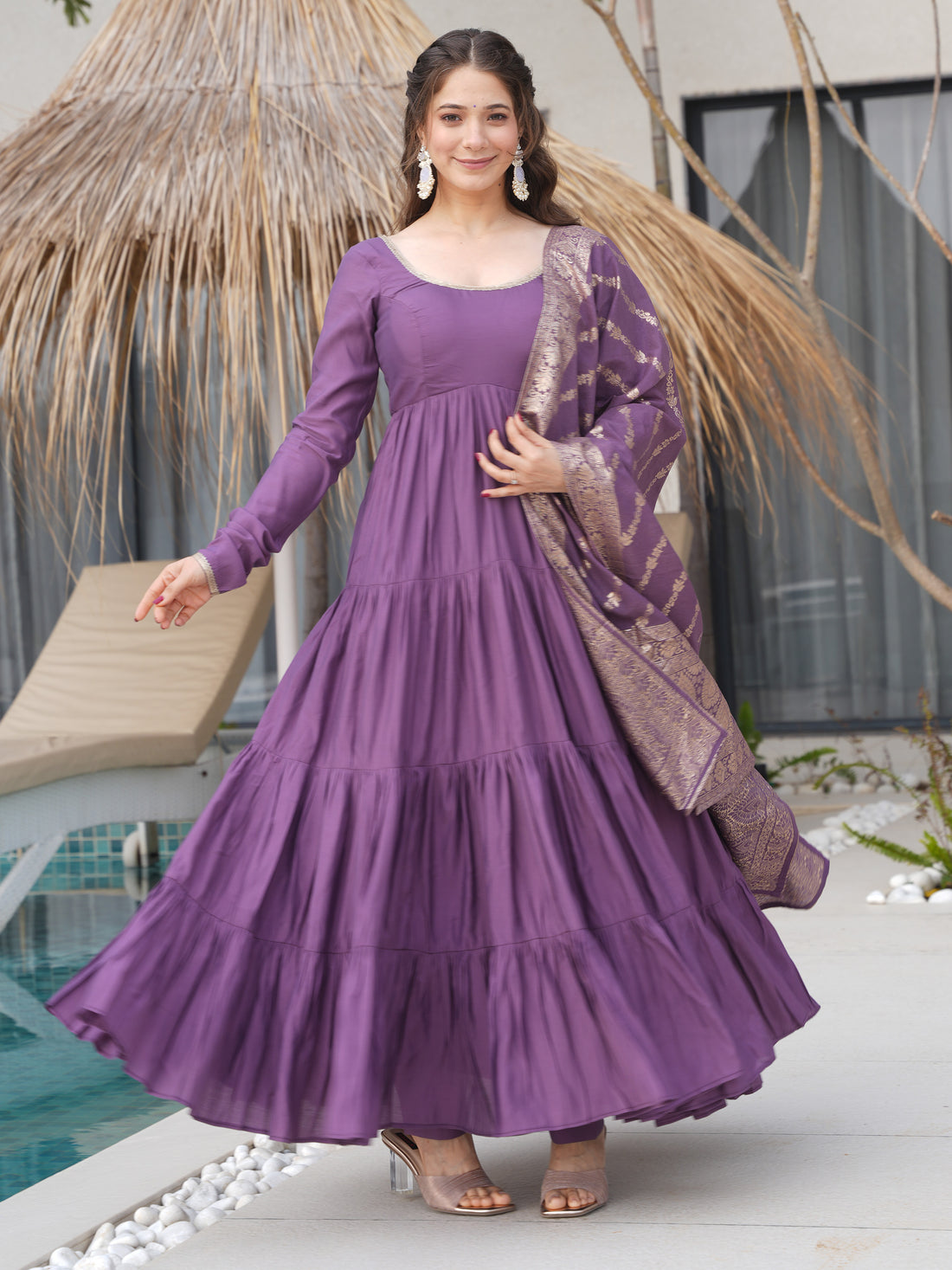 Outstanding Purple Chanderi Anarkali Suit With Banarasi Silk Dupatta