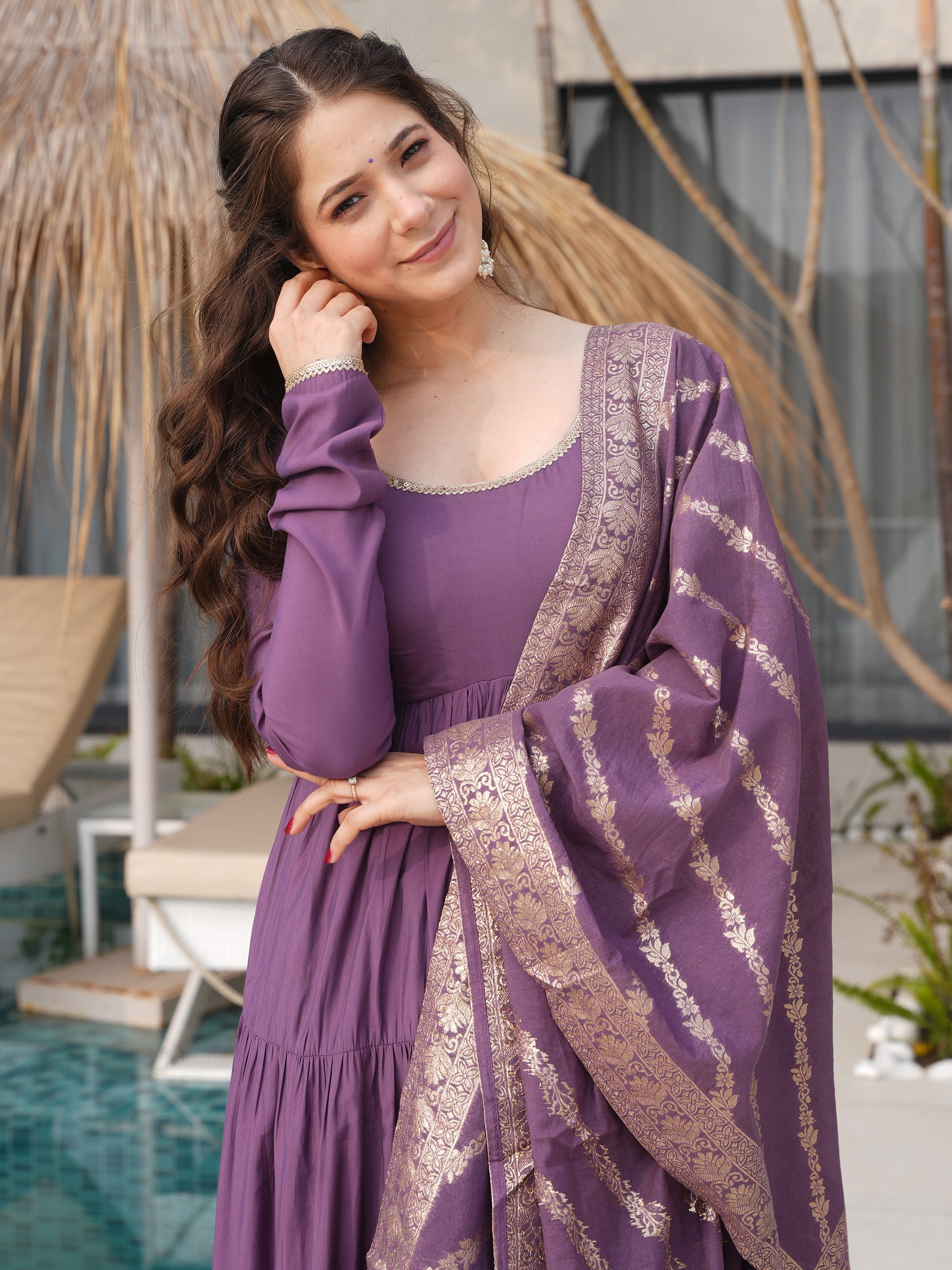 Outstanding Purple Chanderi Anarkali Suit With Banarasi Silk Dupatta
