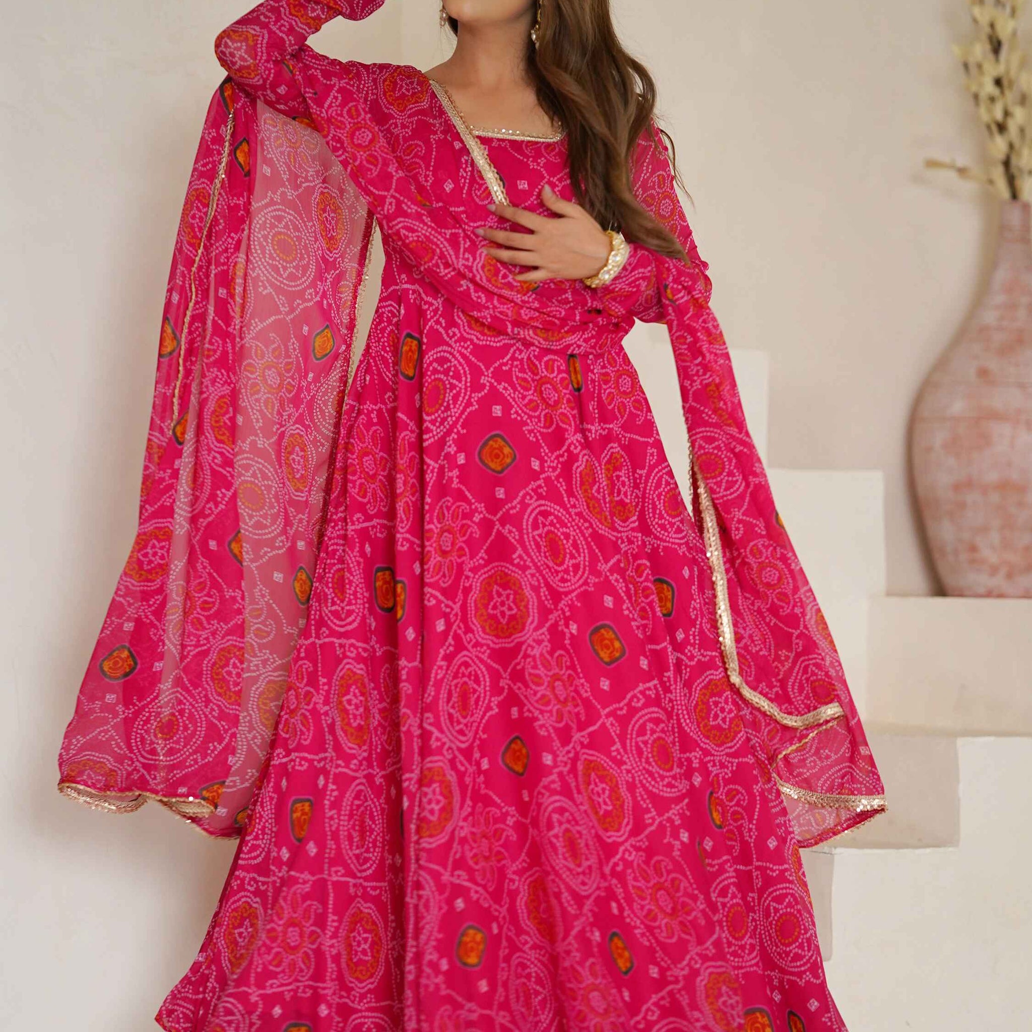 Awesome Pink Bandhej Print Georgette Event Wear Anarkali Suit