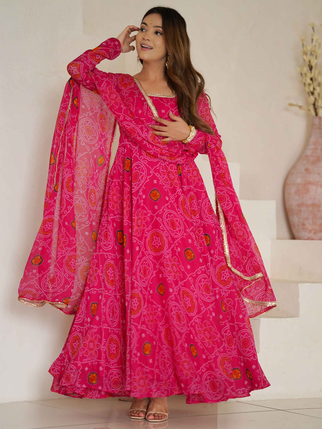 Awesome Pink Bandhej Print Georgette Event Wear Anarkali Suit