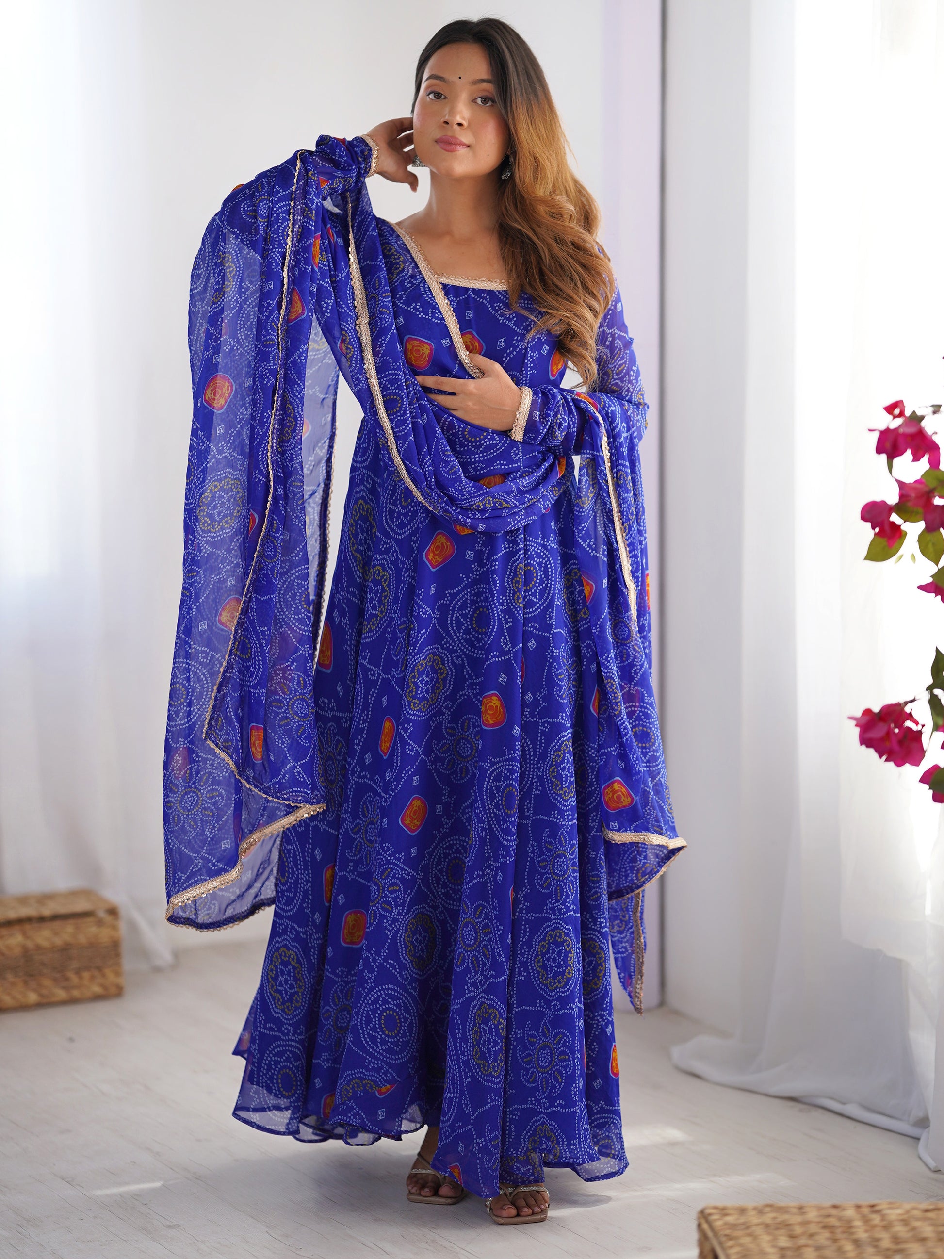 Pretty Royal Blue Bandhani Printed Georgette Festival Wear Anarkali Suit