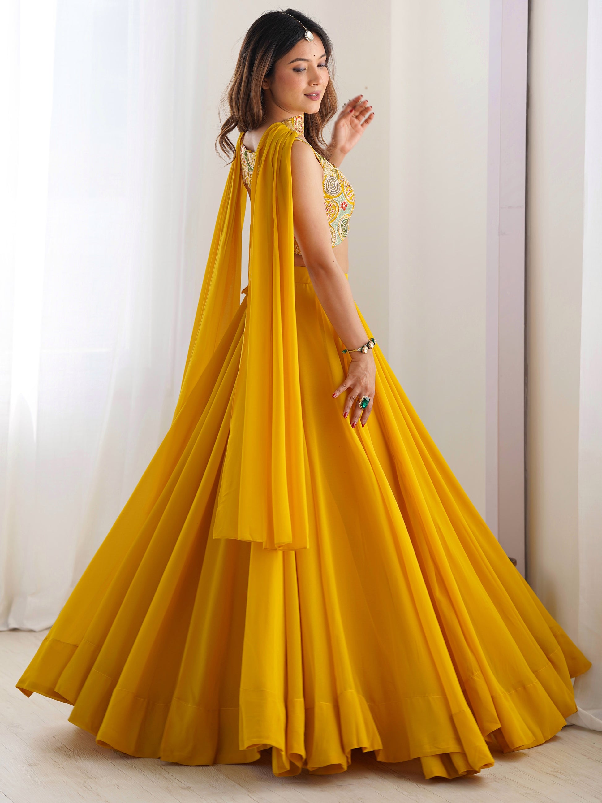 Astonishing Yellow Georgette Haldi Wear Lehenga With Embroidered Choli