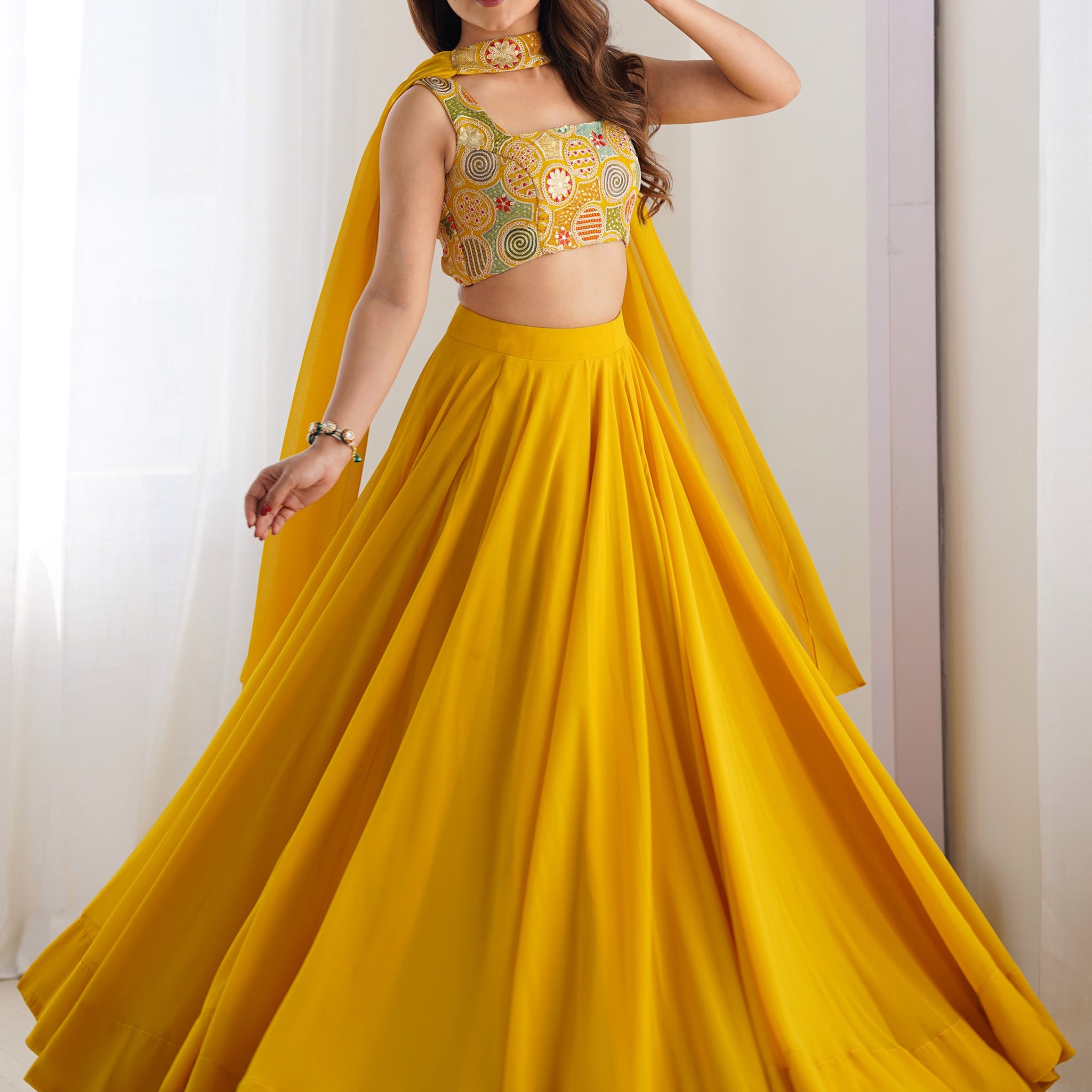 Astonishing Yellow Georgette Haldi Wear Lehenga With Embroidered Choli