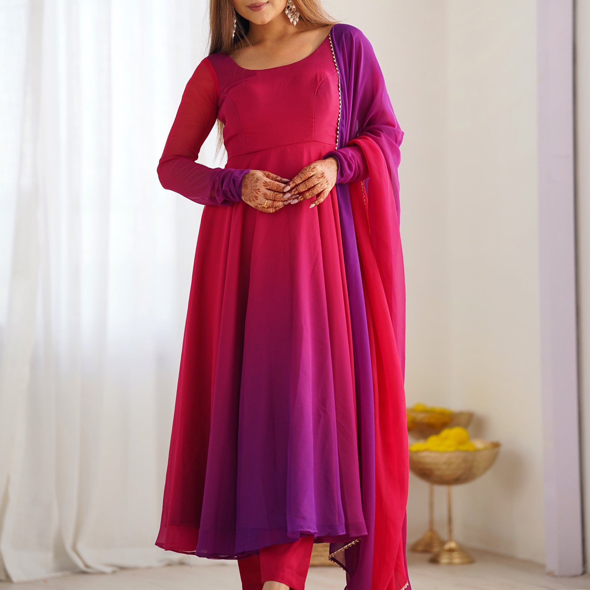 Charming Hot Pink Georgette Festive Wear Gown With Dupatta