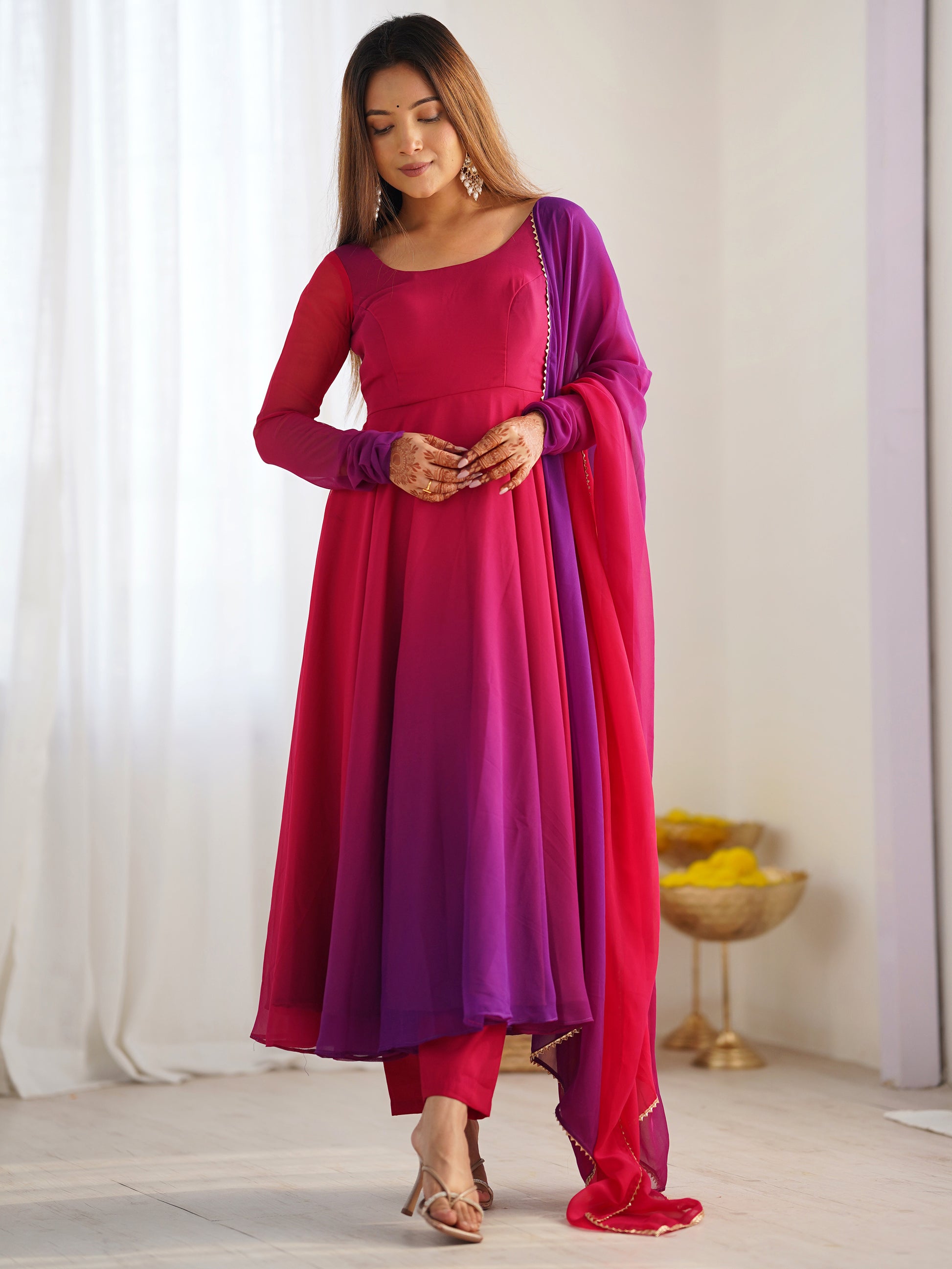 Charming Hot Pink Georgette Festive Wear Gown With Dupatta