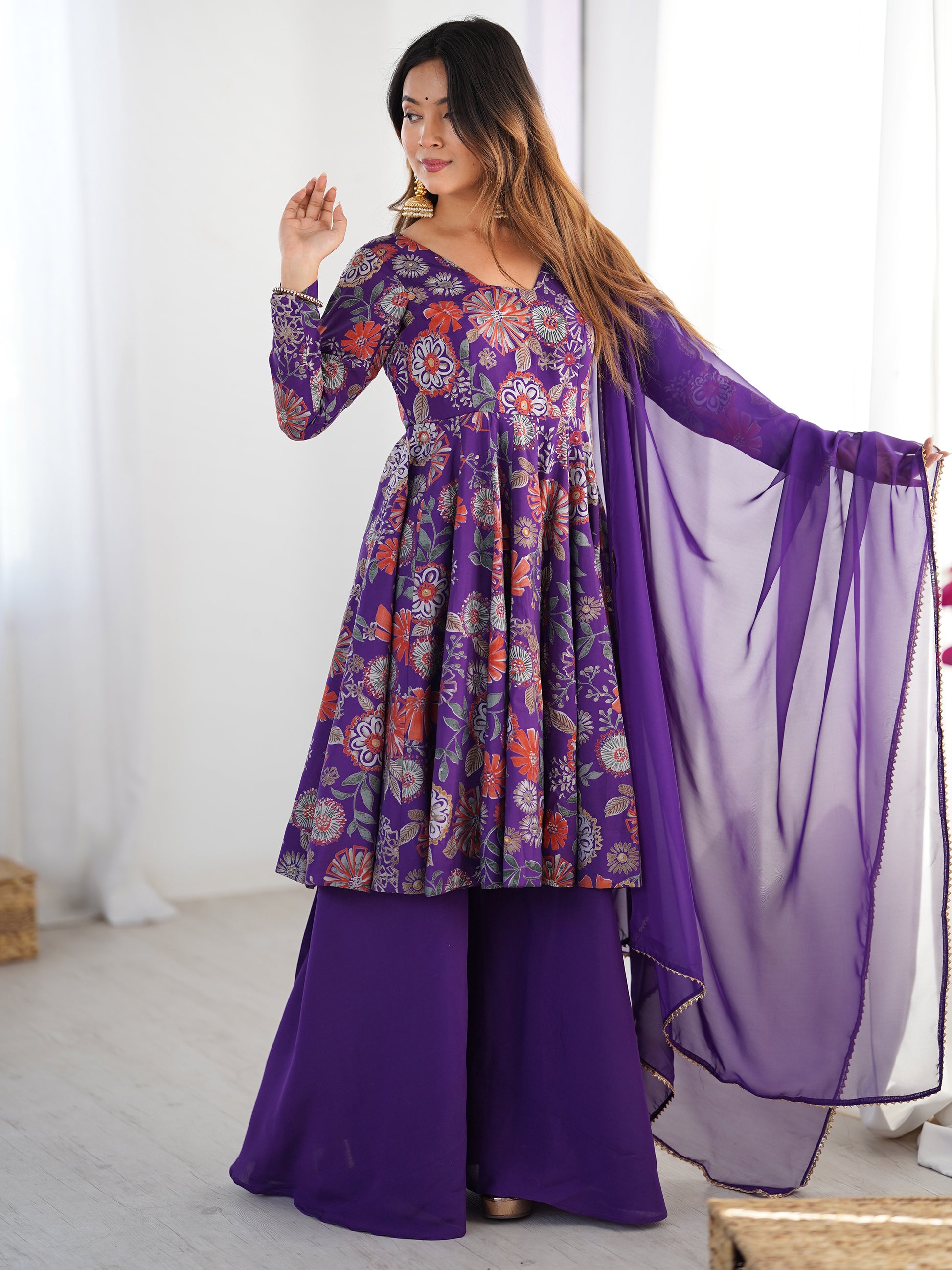 Sweet Purple Floral Printed Silk Festival Wear Palazzo Suit With Dupatta