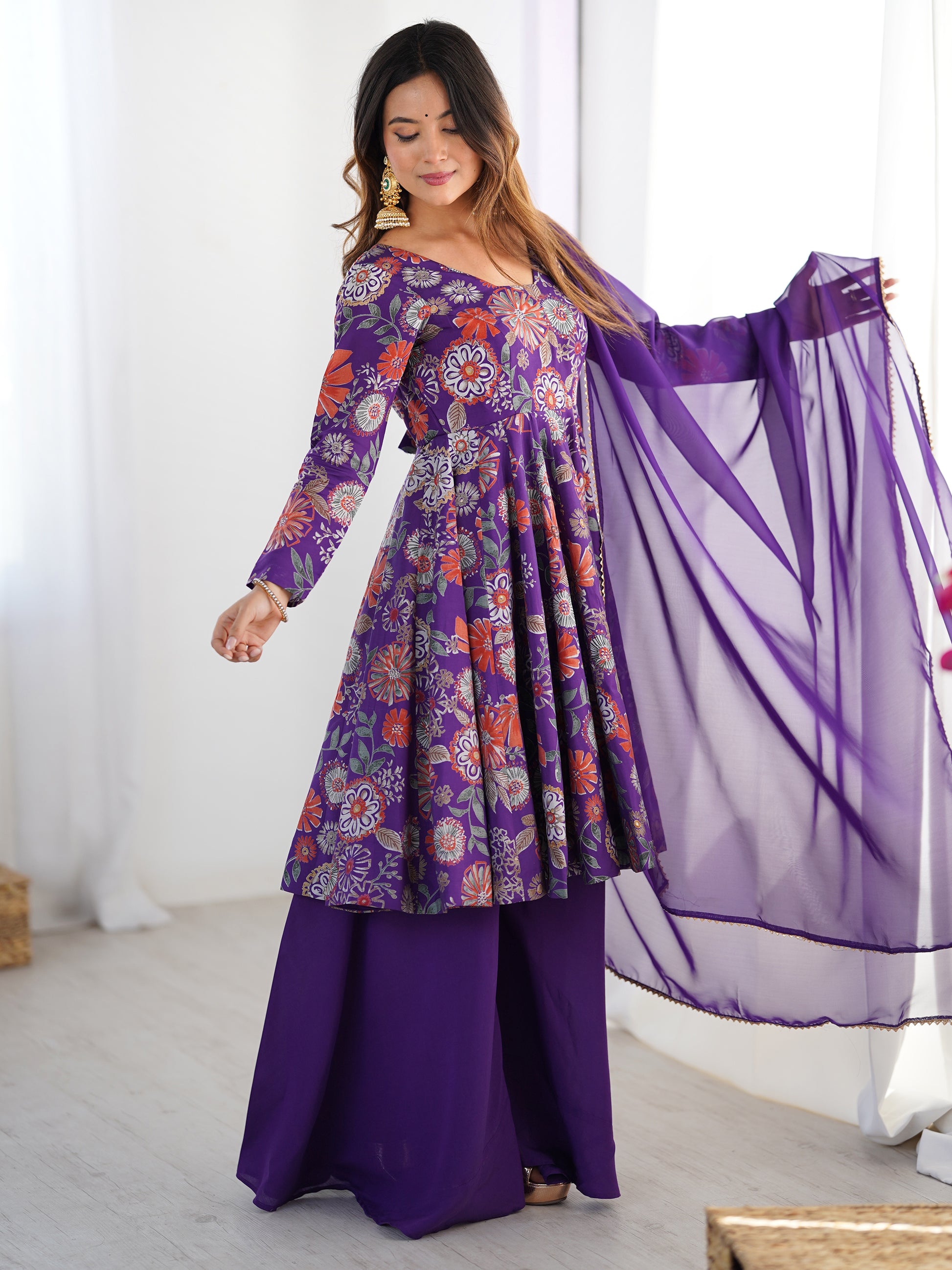 Sweet Purple Floral Printed Silk Festival Wear Palazzo Suit With Dupatta