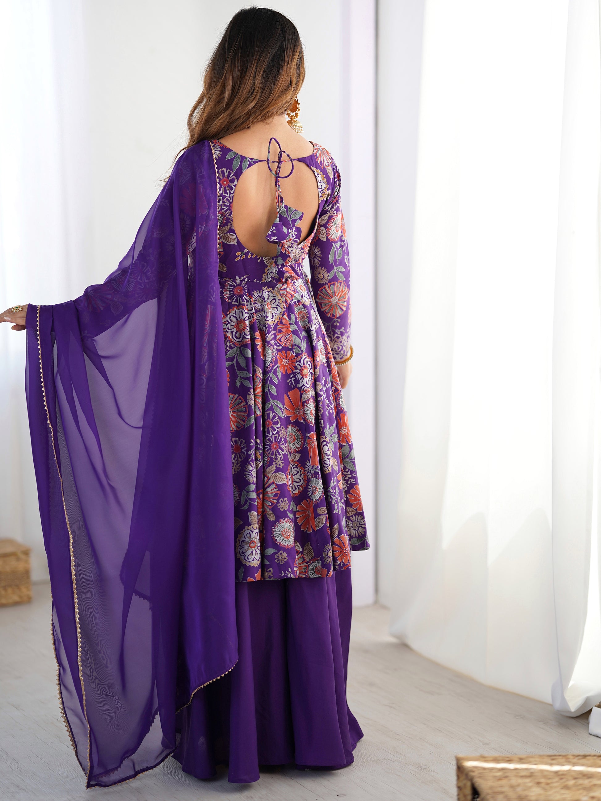 Sweet Purple Floral Printed Silk Festival Wear Palazzo Suit With Dupatta