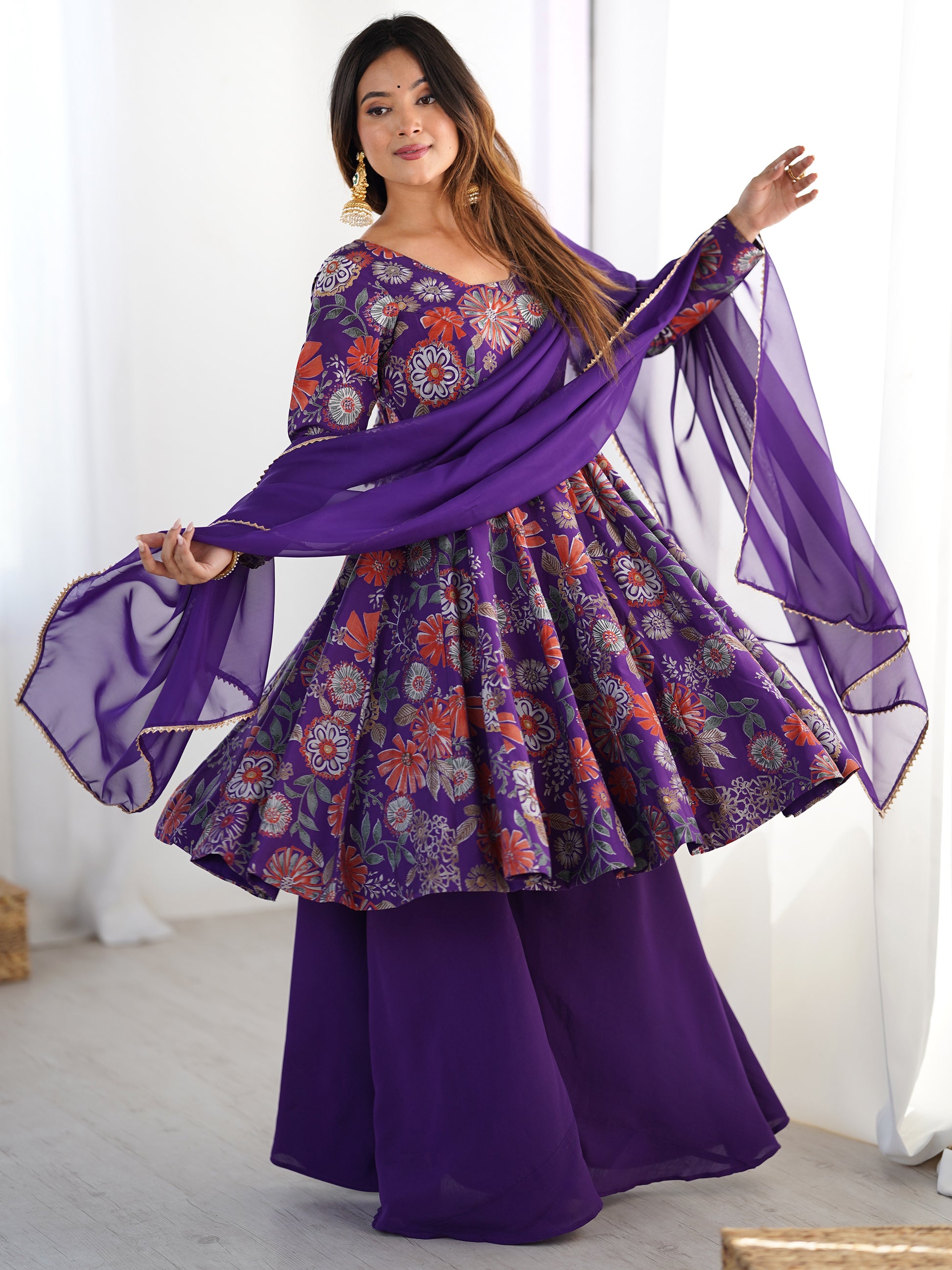 Sweet Purple Floral Printed Silk Festival Wear Palazzo Suit With Dupatta