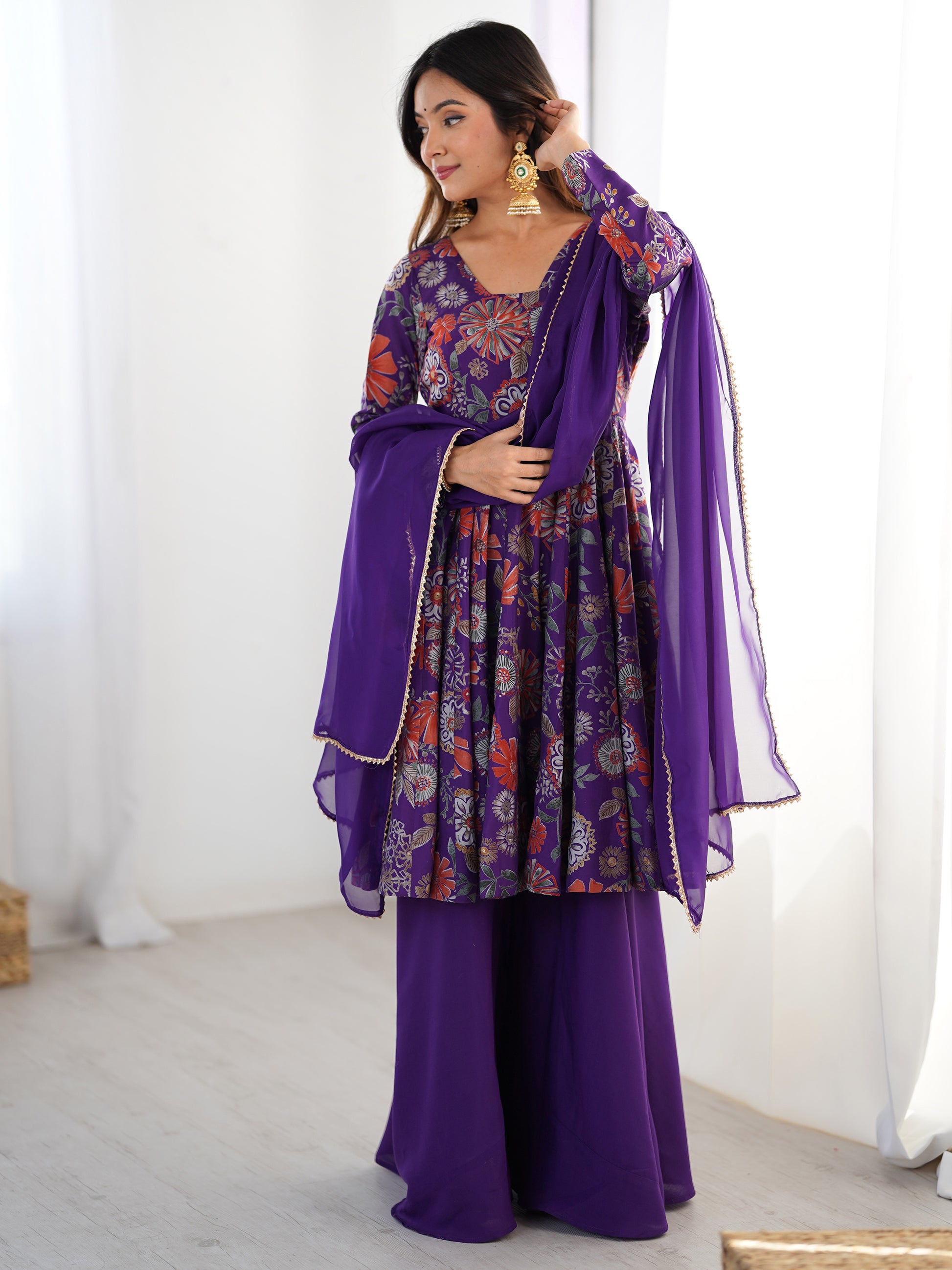 Sweet Purple Floral Printed Silk Festival Wear Palazzo Suit With Dupatta