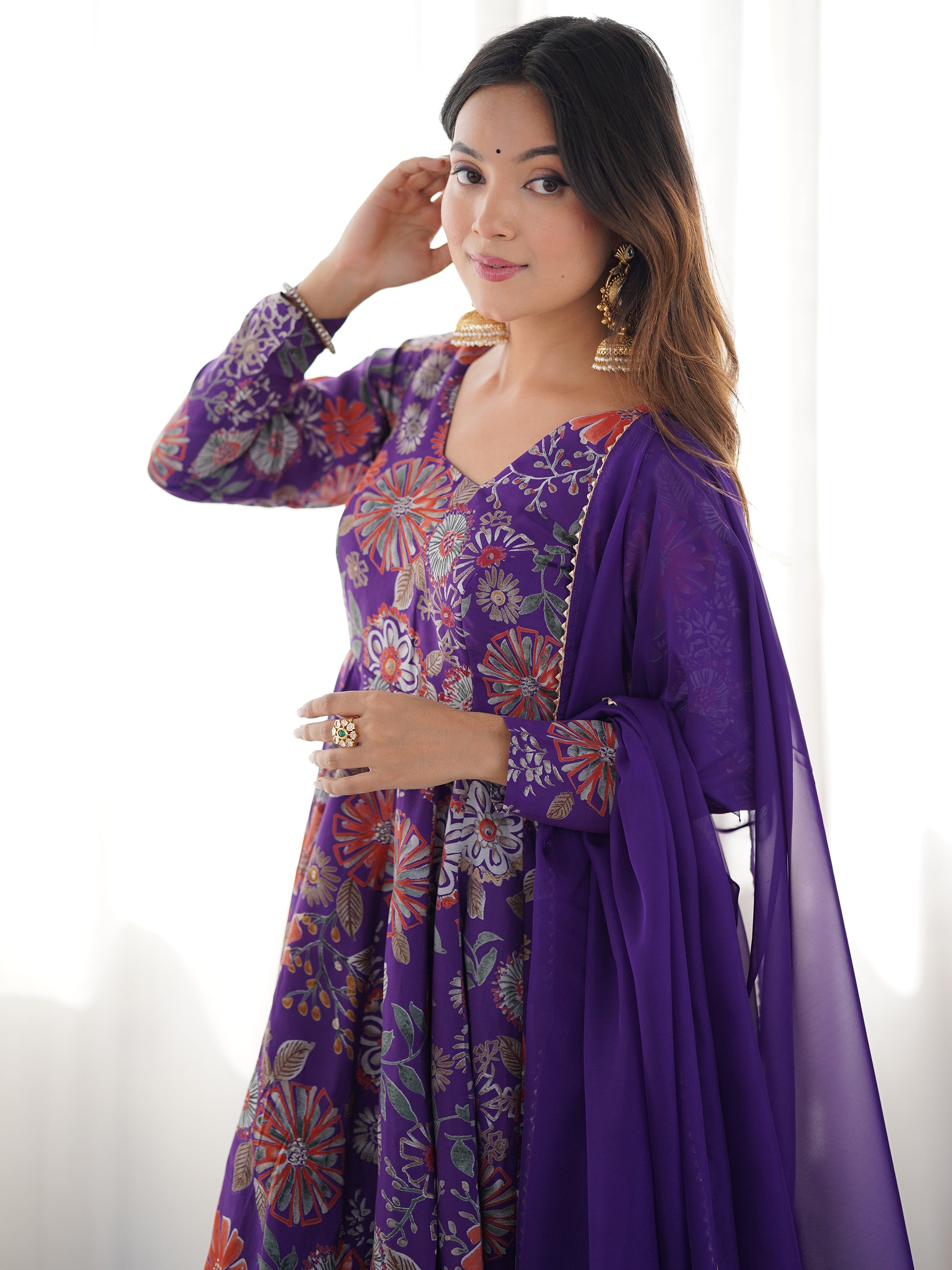 Sweet Purple Floral Printed Silk Festival Wear Palazzo Suit With Dupatta