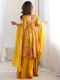 Adorable Yellow Floral Printed Silk Haldi Wear Palazzo Suit