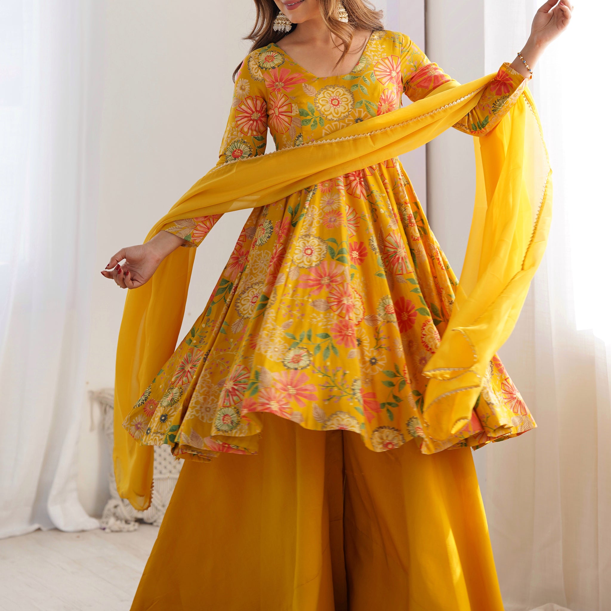 Adorable Yellow Floral Printed Silk Haldi Wear Palazzo Suit
