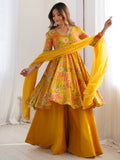Adorable Yellow Floral Printed Silk Haldi Wear Palazzo Suit