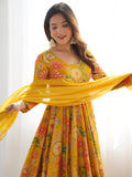 Adorable Yellow Floral Printed Silk Haldi Wear Palazzo Suit