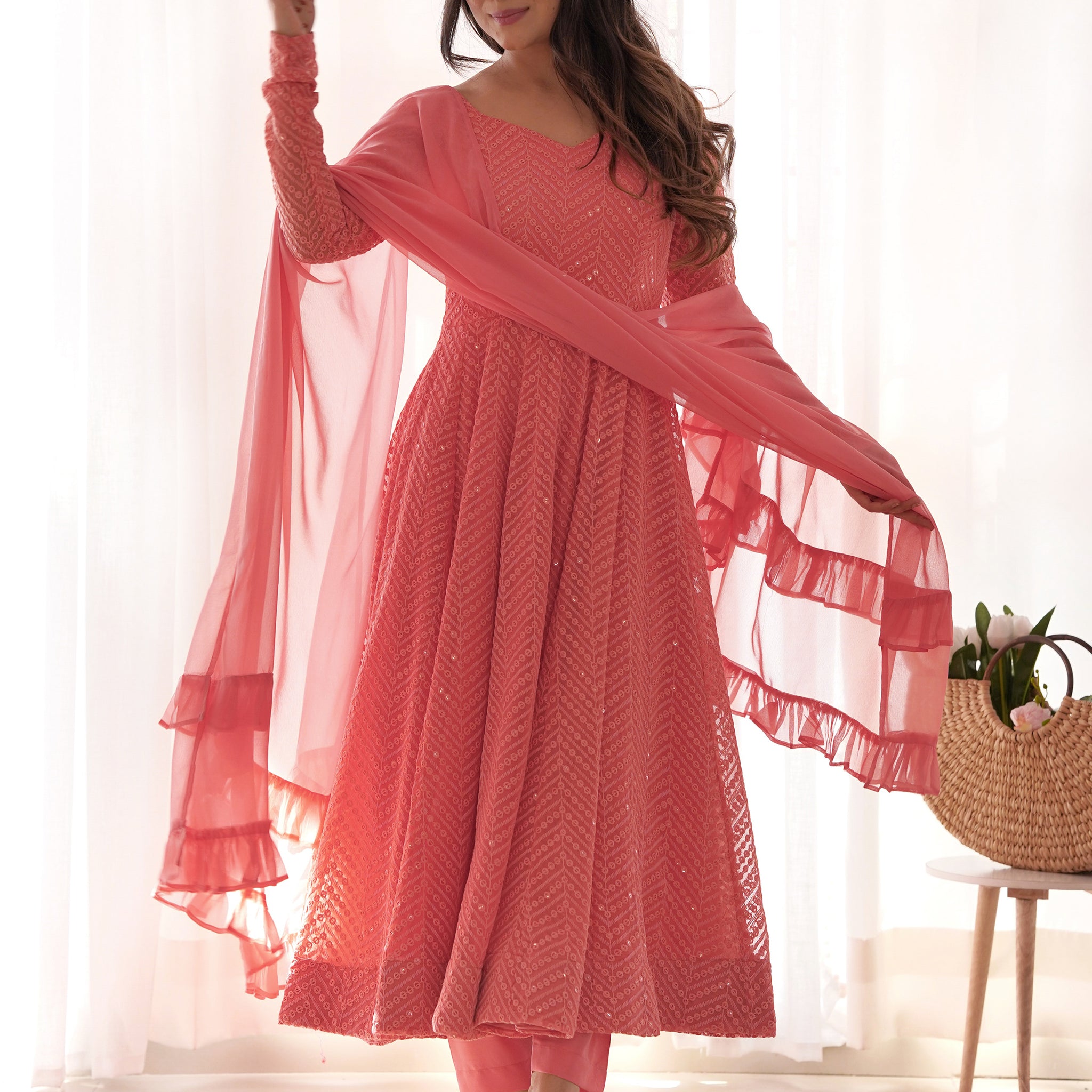 Spectacular Peach Lucknawi Work Georgette Traditional Anarkali Suit
