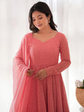 Spectacular Peach Lucknawi Work Georgette Traditional Anarkali Suit