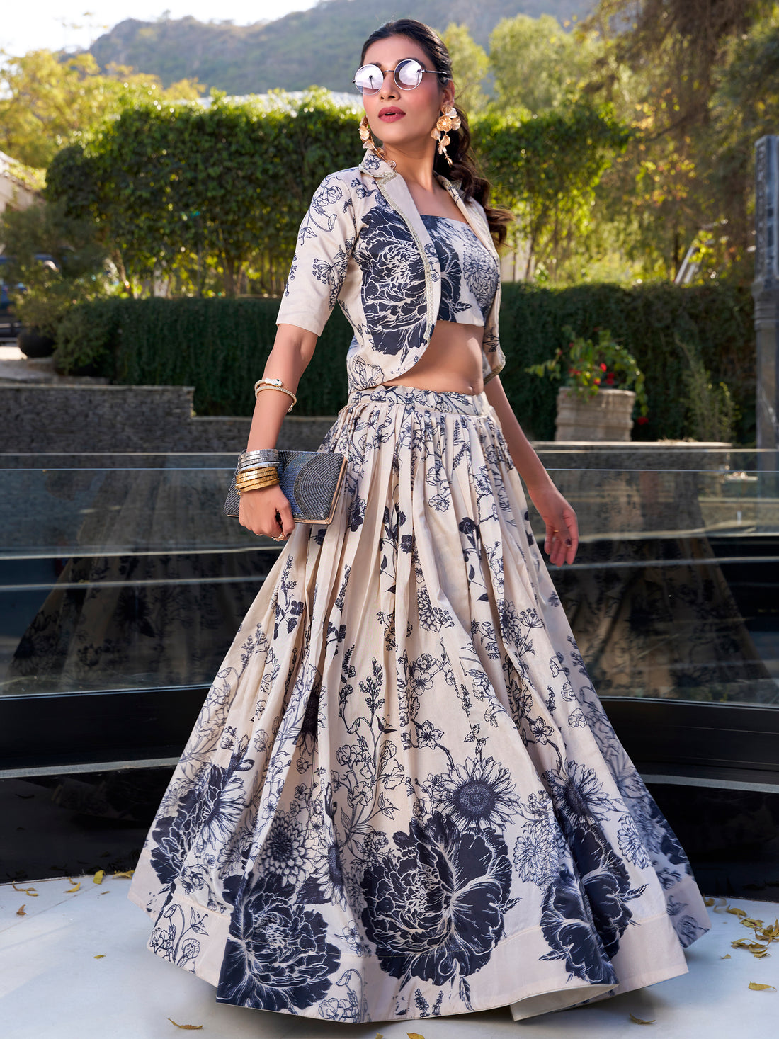 Excellent Cream Printed Festival Wear Silk Crop Top Lehenga With Jacket
Rich text editor
