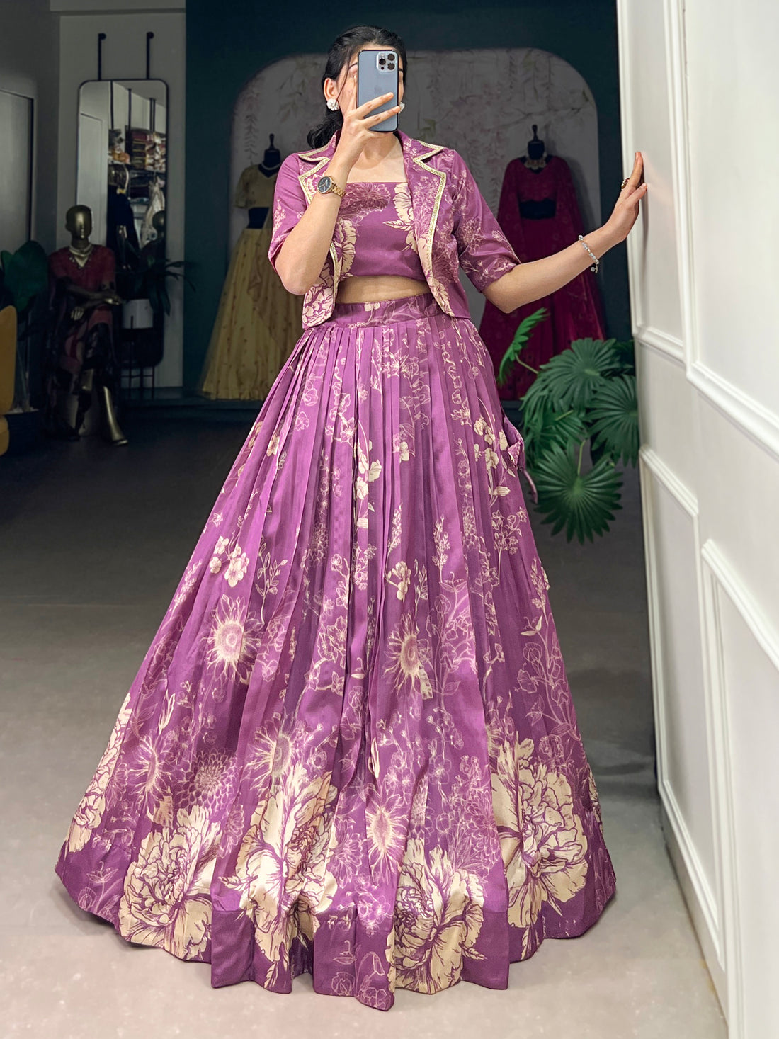 Captivating Purple Printed Festival Wear Crop Top Lehenga With Jacket
