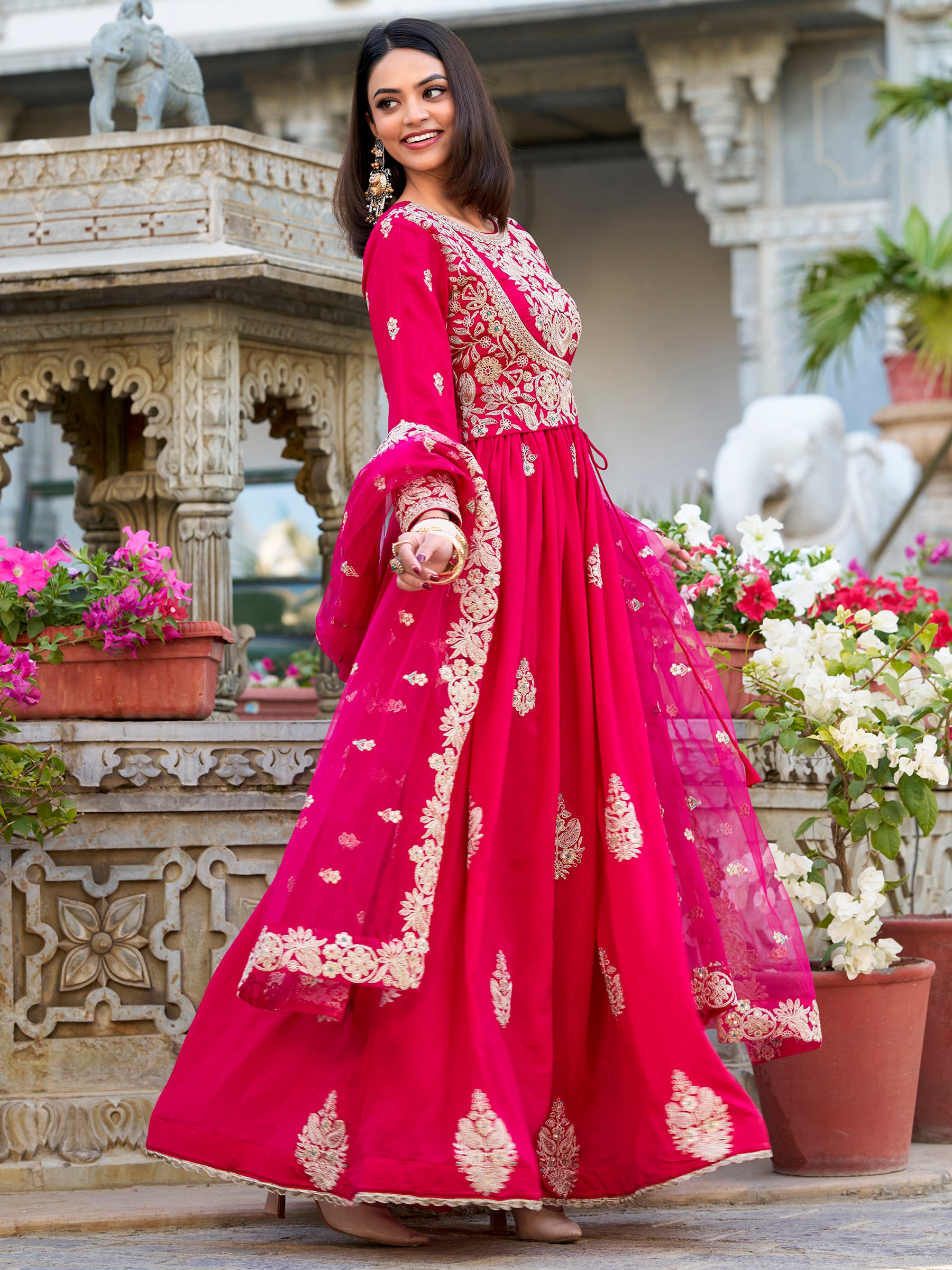 Wonderful Pink Thread Work Silk Eid Special Gown With Dupatta