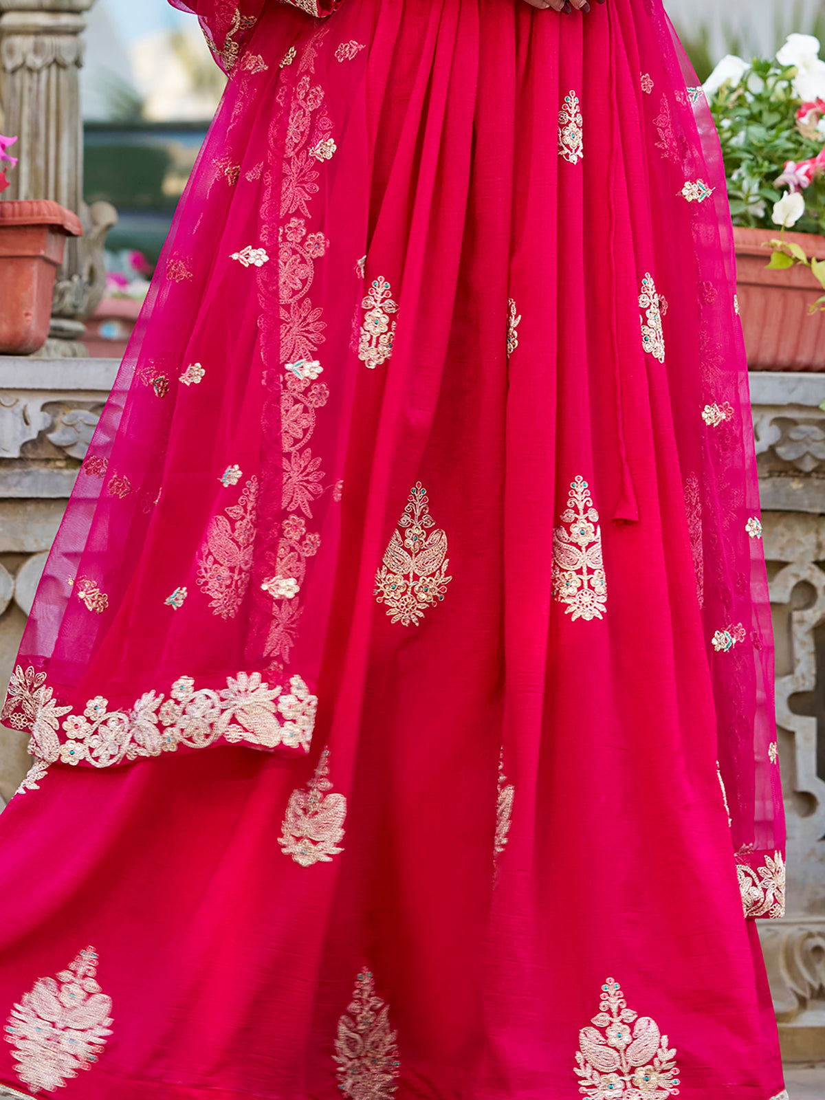 Wonderful Pink Thread Work Silk Eid Special Gown With Dupatta
