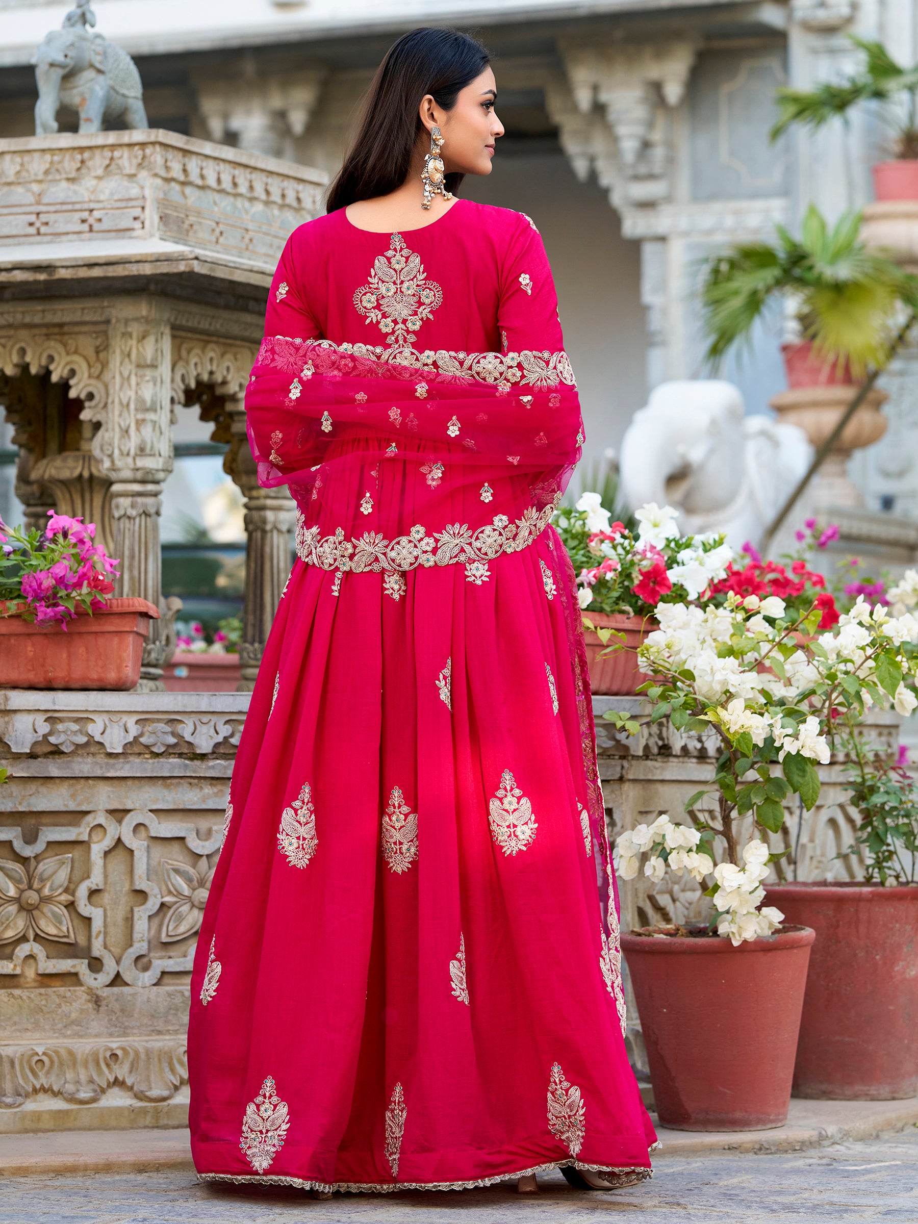 Wonderful Pink Thread Work Silk Eid Special Gown With Dupatta