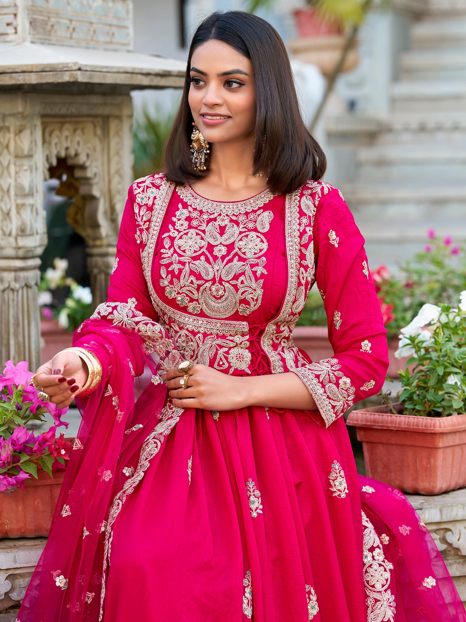 Wonderful Pink Thread Work Silk Eid Special Gown With Dupatta