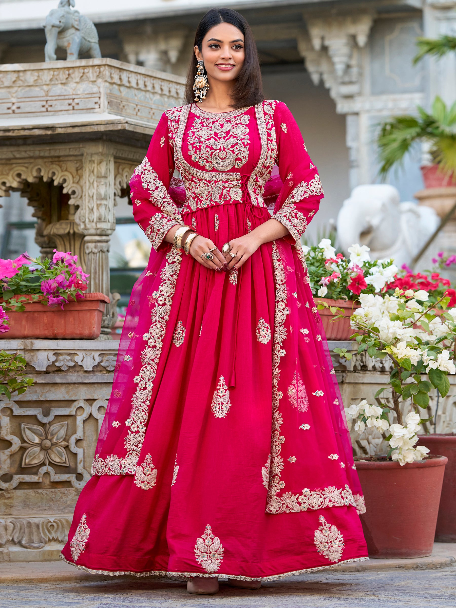 Wonderful Pink Thread Work Silk Eid Special Gown With Dupatta